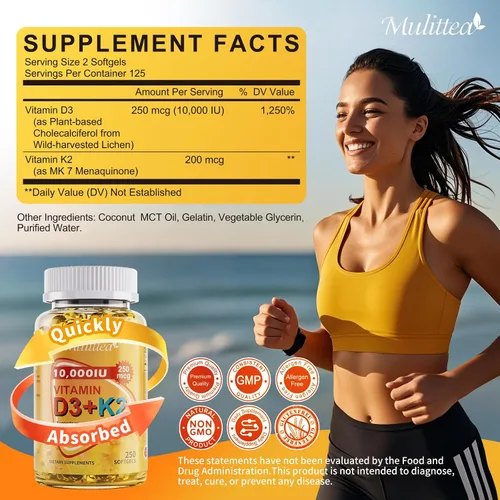 Vista 6 de Vitamina D3 K2 a base de plantas de 10000 UI con aceite MCT de coco virgen – 200 mcg MK7 de vitamina K2, sin OMG para una máxima absorción, salud