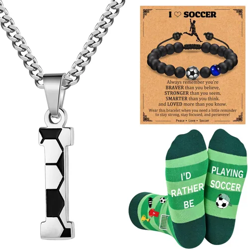 Vista 26 de Soccer Gifts Set A-Z Letter Soccer Necklace for Men Novelty Soccer Socks&Soccer Bracelets for Soccer Lovers