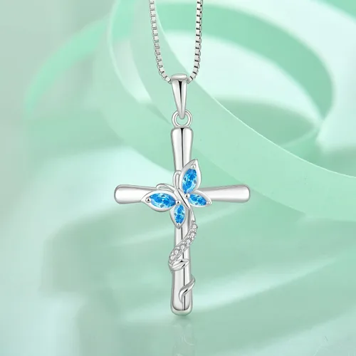 Vista 2 de Blaniy Collar de cruz para mujer, plata de ley 925, collar de mariposa, piedra natal, colgante de piedras preciosas creadas, regalos para mujeres