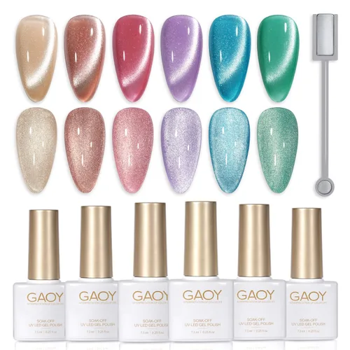 Vista 23 de GAOY Juego de esmaltes de uñas de gel con purpurina de ojo de gato con imán y galaxia colorida para ojos de gato holográficos, manicura de gel