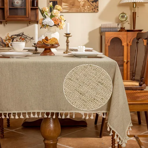 Vista 8 de AmHoo Mantel de mezcla de lino, mantel rectangular de 7.12 oz/m² con costuras y borlas para cocina, comedor, boda, bufé, 55 x 55 pulgadas