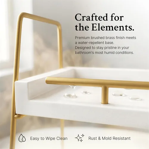 Vista 7 de Mustry Organizador de encimera de baño, organizador de maquillaje de 2 niveles para tocador, estante de madera con marco de metal dorado