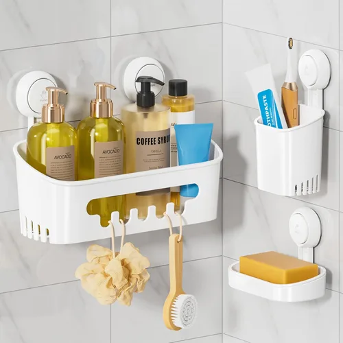 Vista 18 de LEVERLOC Organizador de ducha con ventosa, estante de baño negro con gancho y soporte para jabón, organizador de baño sin taladro