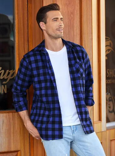 Vista 4 de COOFANDY Camisas de franela a cuadros de manga larga con botones para hombre