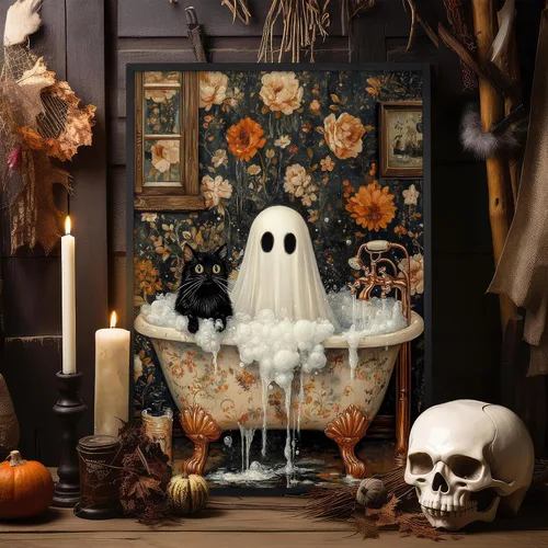 Vista 6 de Lienzo enmarcado negro para pared, póster de Halloween Dark Academia, pintura de gato negro, fantasma en la bañera, imágenes góticas de terror
