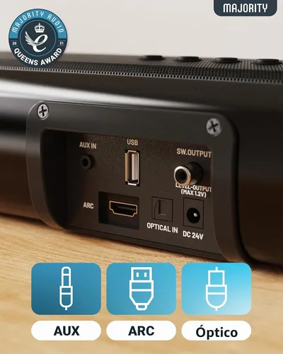 Vista 4 de Majority Barra de sonido de TV Bluetooth de 120 W para Smart TV, 24 pulgadas, 2.1 canales, sonido 3D con subwoofer integrado, control