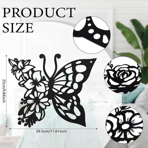 Vista 3 de LOYIM 4 piezas de decoración de pared de mariposa de metal, decoración de pared de hojas de metal, fases lunares, floral, bohemio, para colgar