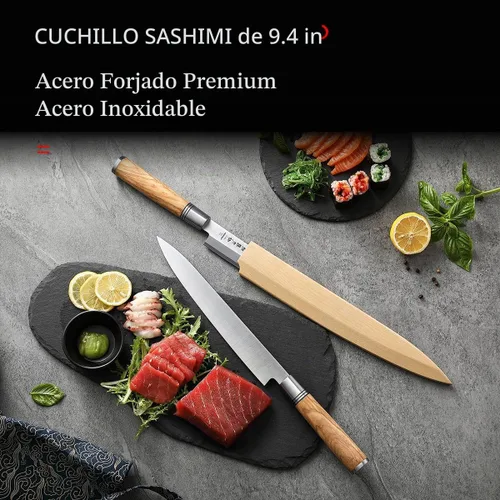 Vista 9 de Cuchillo Sashimi de 9.449 in,Cuchillo de sushi Yanagiba,Mango de madera de olivo con estuche de cuchillo de madera