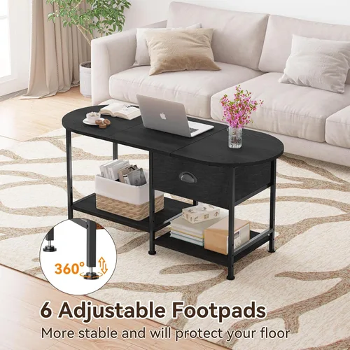 Vista 5 de Mesa de centro ovalada pequeña de 37 pulgadas con almacenamiento, mesa central de madera moderna para espacios pequeños, apartamento, oficina