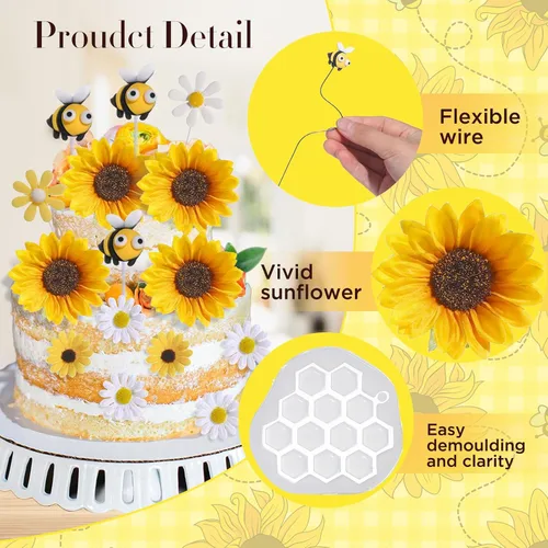 Vista 5 de RAYNAG 44 decoraciones para pasteles de abeja y girasol, juego de adornos de pastel de abeja de girasol para decoraciones de fiesta de cumpleaños