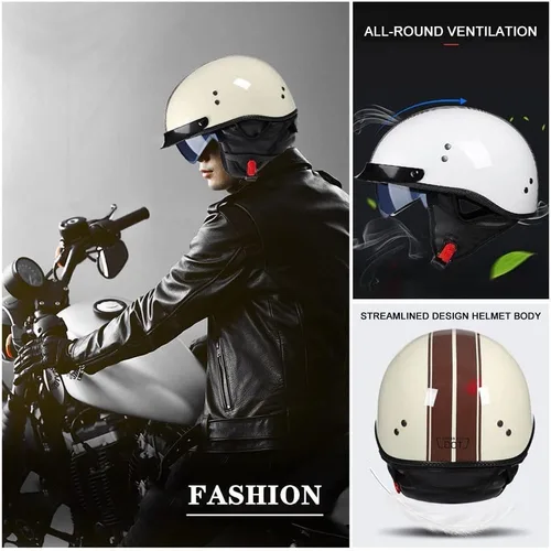 Vista 6 de Casco retro de motocicleta para adultos, hombres y mujeres, aprobado por DOT, estilo alemán, cascos de media cara con gafas desplegables, visera