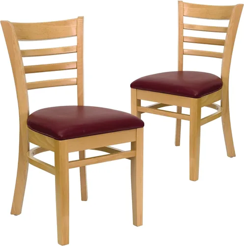 Vista 9 de Flash Furniture HERCULES Series Silla de restaurante de madera natural con respaldo de escalera - Asiento de vinilo burdeos Asiento de vinilo