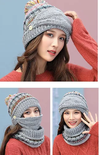 Vista 6 de Gorro de invierno para mujer con forro polar y solapas para las orejas con pompón bufanda y máscara cálido suave y holgado