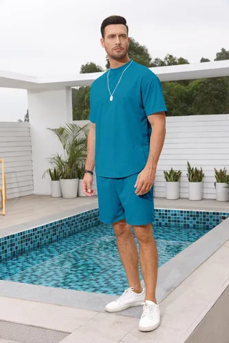 Vista 2 de Lexiart Conjunto deportivo casual de 2 piezas para hombre, pantalones cortos de verano, de gran tamaño, manga corta, conjunto deportivo