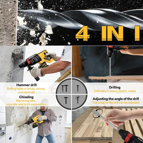 Vista 3 de Taladro de martillo giratorio inalámbrico para batería Dewalt de 20 V, SDS-Plus sin escobillas de 3 julios con 4 modos, mango auxiliar de 360° y 5