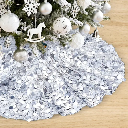 Vista 9 de Falda de árbol de Navidad plateada de 36 pulgadas, falda de árbol de Navidad con lentejuelas brillantes, decoraciones de Navidad con purpurina