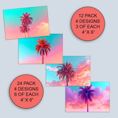 Vista 5 de Wright Home & Gift Neon Palm Tree Sunset All-Occasion Blank Note Greeting Cards 12 Pack Assortment Bulk Variety Set + 12 Envelopes (4x6)