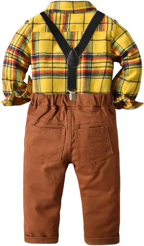 Vista 3 de Dinysuos Conjunto de traje de caballero para niño pequeño, camisa de vestir + corbatín + tirantes + pantalones de mezclilla de 12 meses a 6 años