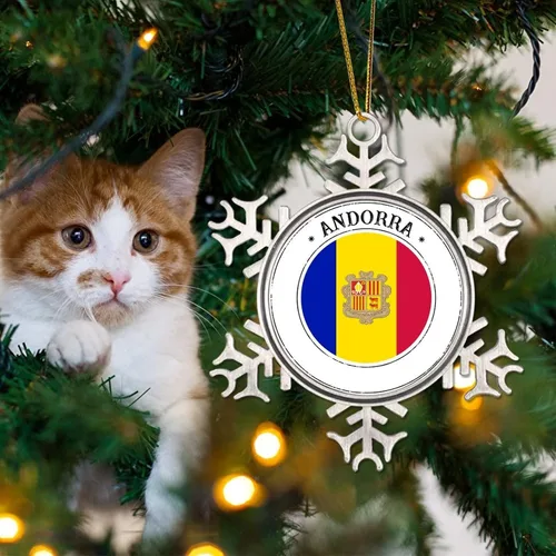 Vista 4 de Adornos de bandera de Andorra para árbol de Navidad, bandera nacional, silueta de Andorra, decoraciones de árbol de Navidad, copo de nieve, metal