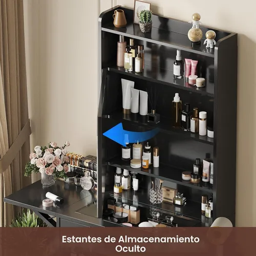 Vista 4 de Vabches Escritorio pequeño de maquillaje, 3 espejos iluminados ajustables, juego de tocador blanco, panel plegable, estación de carga, parte