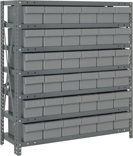 Vista 570 de Quantum QSBU-245BK Heavy Duty Shelving Unit with (7) Shelves and (24) QUS245 Black Bins for Garage Warehouse Storage Distribution 400 lb Load