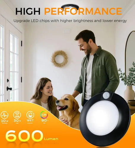 Vista 4 de CLOUDY BAY - Lámpara de techo con sensor de movimiento para interiores, 120 V CRI90 10 W 5000 K, luz de día brillante, 6.5 pulgadas LED de montaje