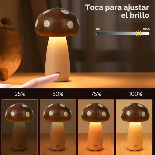 Vista 4 de LONRISWAY Paquete de 2 lámparas de mesa LED de madera con forma de hongo, lámparas pequeñas recargables inalámbricas táctiles, luz nocturna