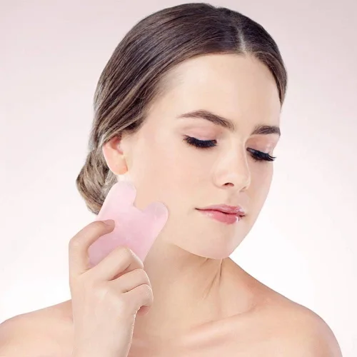 Vista 6 de Gua Sha Herramienta facial - Herramientas de masaje de spa para hinchazón ocular, círculo oscuro y drenaje linfático - Tabla de cuarzo rosa