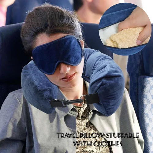 Vista 5 de Almohada de viaje rellena con ropa, almohada de terciopelo suave con correa de nailon ajustable de 35 pulgadas, almohada 2 en 1 en forma de U