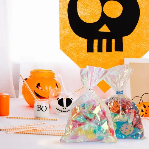 Vista 6 de HRX Package 100 piezas de pequeñas bolsas de celofán iridiscentes con lazos, 4x6 pulgadas bolsas de plástico holográficas para dulces, pop cakes