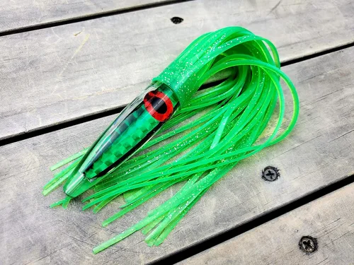Vista 2 de Lobo Lures #32 Demon Green Machine Tuna Bullet 12" Trolling Lure Double Skirted UV Refractive Technology