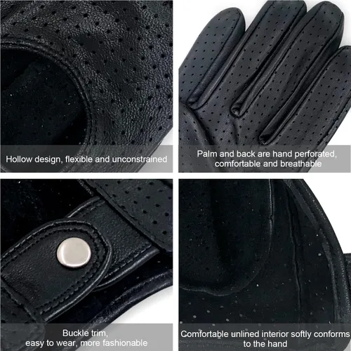 Vista 4 de ZLUXURQ Guantes de conducción de cuero de malla completa para hombre, sin forro, suave y fina piel de cordero italiana