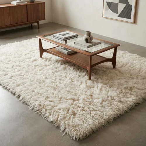 Vista 10 de Elegantes alfombras griegas flokati. Pelo suave y esponjoso de 3 pulgadas. 100% lana natural. Alfombra moderna de color blanco roto lanudo