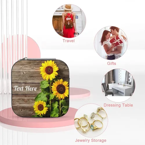 Vista 3 de Joyero de viaje de madera de girasol personalizado con nombre con foto y texto, joyero para mujeres y niñas, estuche organizador de joyas portátil