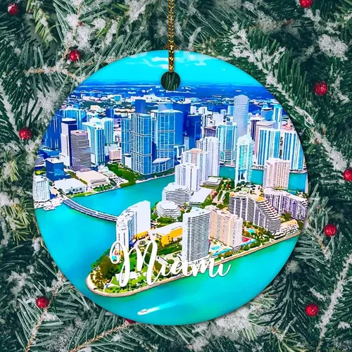 Vista 4 de America Miami Cityscape - Adorno de Navidad de cerámica con dos caras impreso, 3 pulgadas, divertido círculo de cerámica de Navidad para Año Nuevo