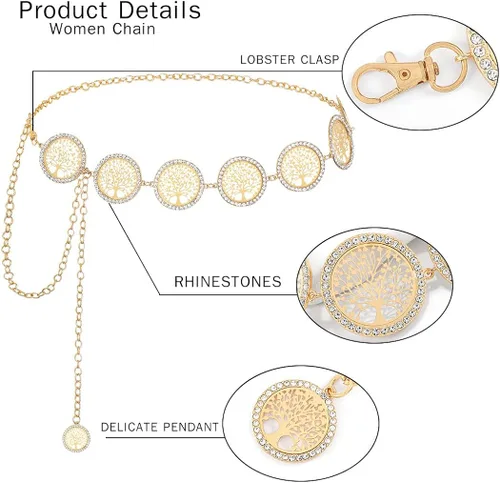 Vista 5 de Navoky Rhinestone Chain Belts for Women Tree of Life Chain for Dress Jeans Metal Belly Waist Chain Jewlry Accessories