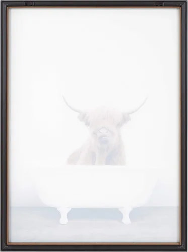 Vista 6 de Kate and Laurel Blake Highland Cow in Tub - Arte de vidrio impreso enmarcado por Amy Peterson, 18 x 24 pulgadas, oro oscuro, hermoso arte de pared