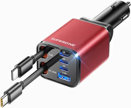 Vista 15 de SUPERONE - Cargador retráctil para automóvil, 99 W, con cables, carga rápida, adaptador USB C para iPhone 17, 16, 15, 14, 13, 12, Samsung, negro
