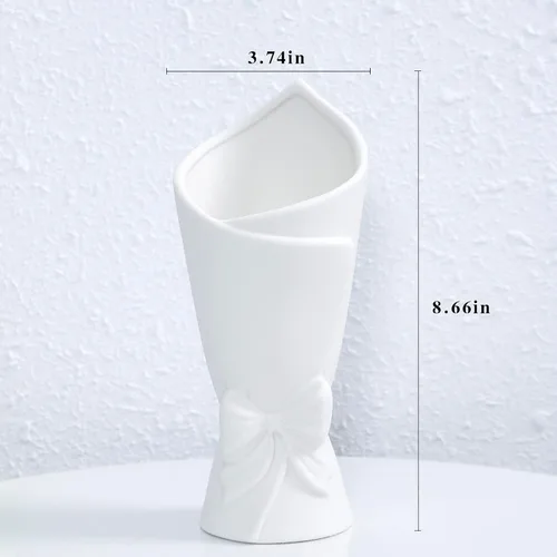 Vista 4 de Jarrón de cerámica con lazo blanco mate, jarrones modernos para decoración del hogar, pampas, sala de estar, chimenea, decoración de mesa (modelo B)