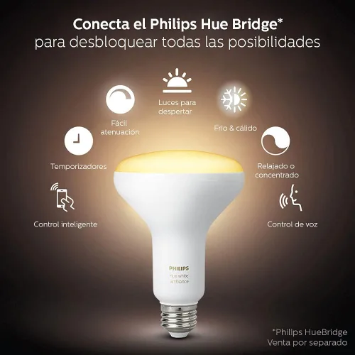 Vista 2 de Philips Hue White Ambiance BR30 - Paquete de 2 luces LED inteligentes regulables equivalentes a 60 W