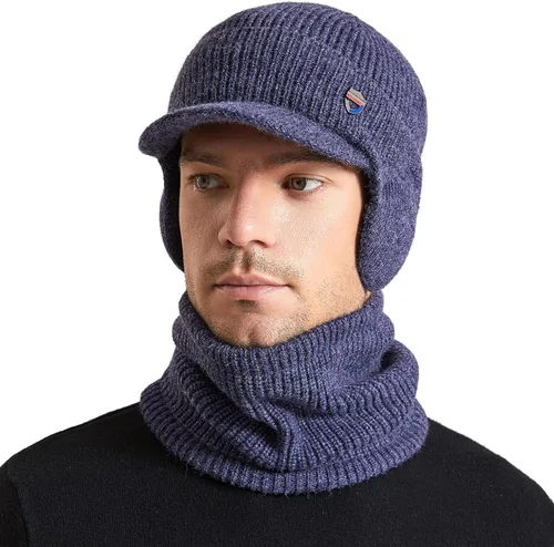 Vista 2 de Muryobao Gorro de invierno para hombre, con visera de punto, con forro polar y calentador de cuello