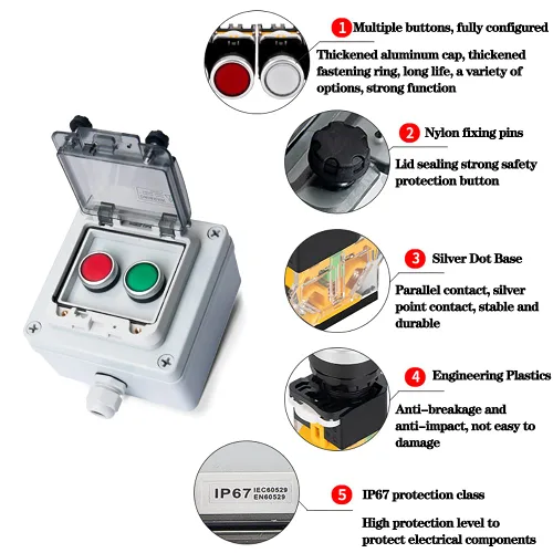 Vista 2 de Caja de botones con interruptor de parada de emergencia, botones de arranque/parada y rotativos (rojo/verde) Emergency Stop Button Red Green