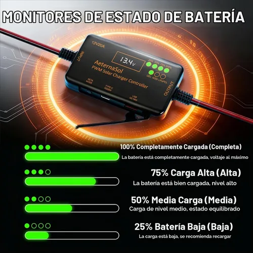 Vista 4 de Controlador de carga solar PWM 12V 20A para LiFePO4, AGM, batería de gel