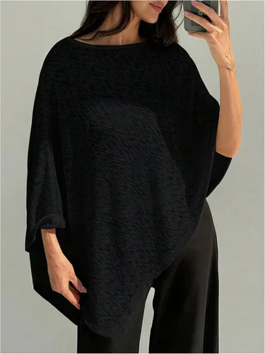 Vista 5 de MakeMeChic Ponchos para mujer, suéter de poncho transparente, chal, envolturas, cubrepiernas Negro