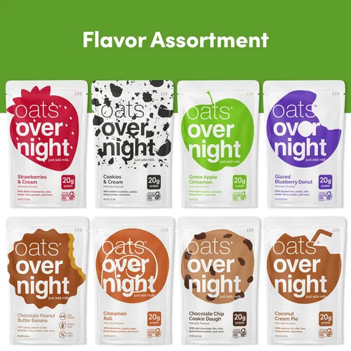 Vista 6 de Oats Overnight Paquete de variedad para fiesta - Batido proteico de desayuno alto en proteínas y fibra - Harina de avena sin gluten, avena sin OGM
