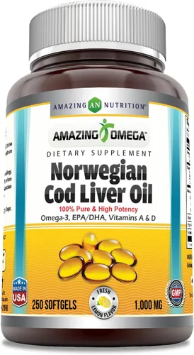 Vista 7 de Amazing Omega Norwegian Cod Liver Oil 1000 Mg Softgels Supplement Omega-3, EPA, DHA, Vitamin A, D & Vitamin E (Lemon 60 Count)
