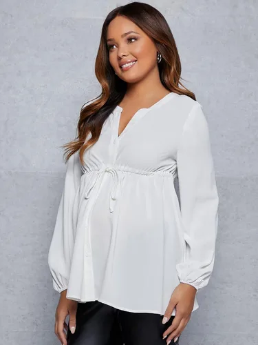 Vista 3 de MakeMeChic Camisa de maternidad de manga larga con cordón en la cintura para embarazo, blusa peplum