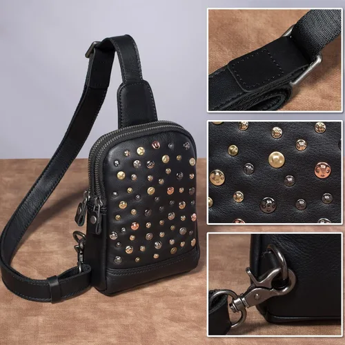 Vista 6 de CENUNCO Bolso bandolera de cuero genuino para mujer, bolso cruzado de cuero pequeño para teléfono, estilo remache, estilo remache, bolso negro