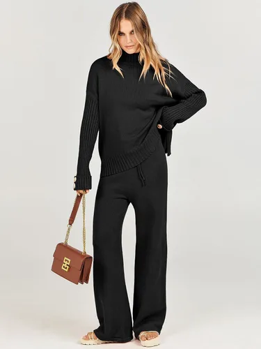 Vista 3 de ANRABESS Conjunto de 2 piezas para mujer, suéter de punto de manga larga, pantalón de pierna ancha, ropa de descanso, moda 2025