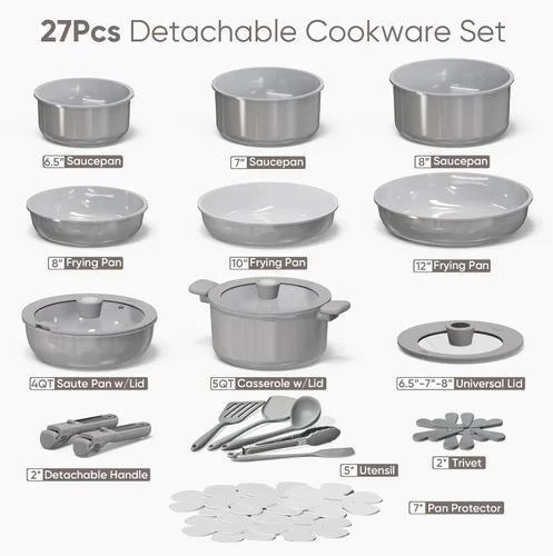 Vista 2 de CAROTE Juego de 27 piezas de utensilios de cocina de cerámica antiadherentes, juego de ollas y sartenes antiadherentes, utensilios de cocina